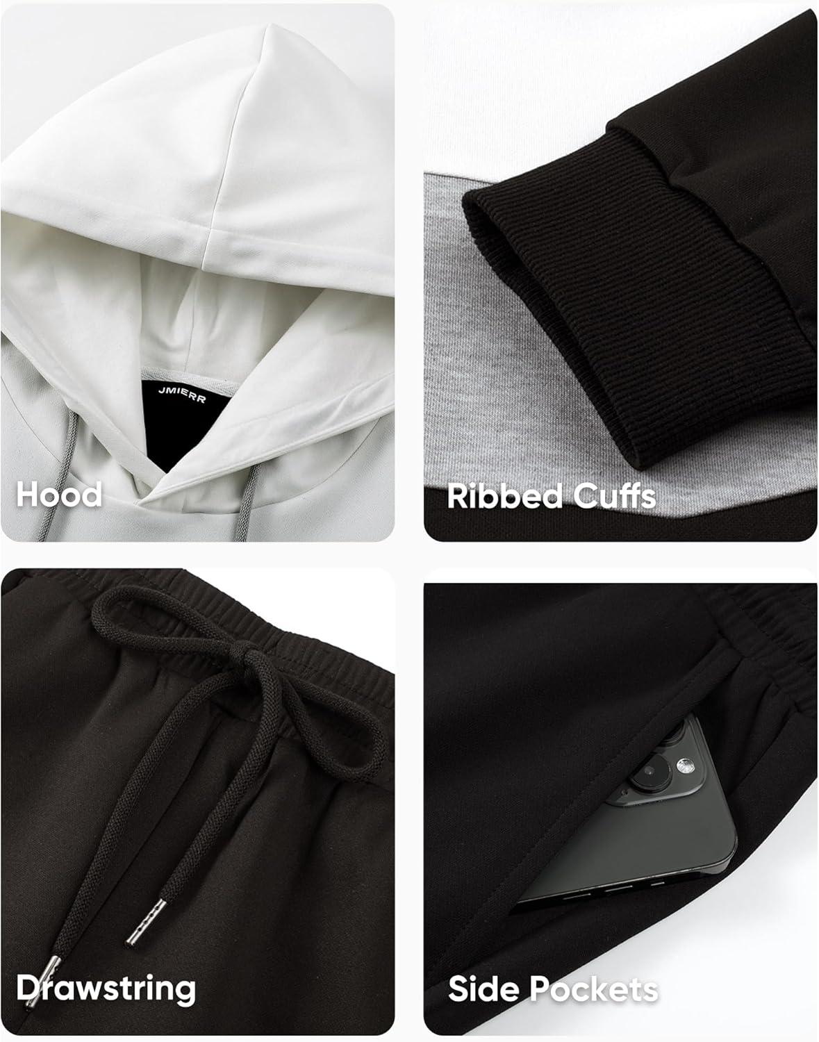 imageJMIERR Mens Hoodie Tracksuit 2 Pieces Set Novelty Color Block Pullover Fleece Hoodies Long Sleeve Casual SweatshirtWhite