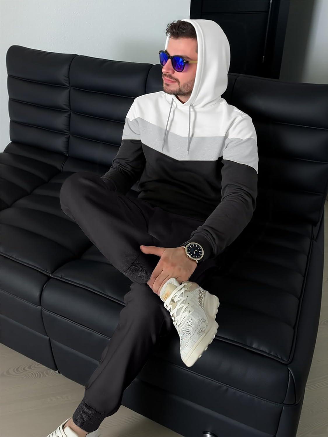 imageJMIERR Mens Hoodie Tracksuit 2 Pieces Set Novelty Color Block Pullover Fleece Hoodies Long Sleeve Casual SweatshirtWhite