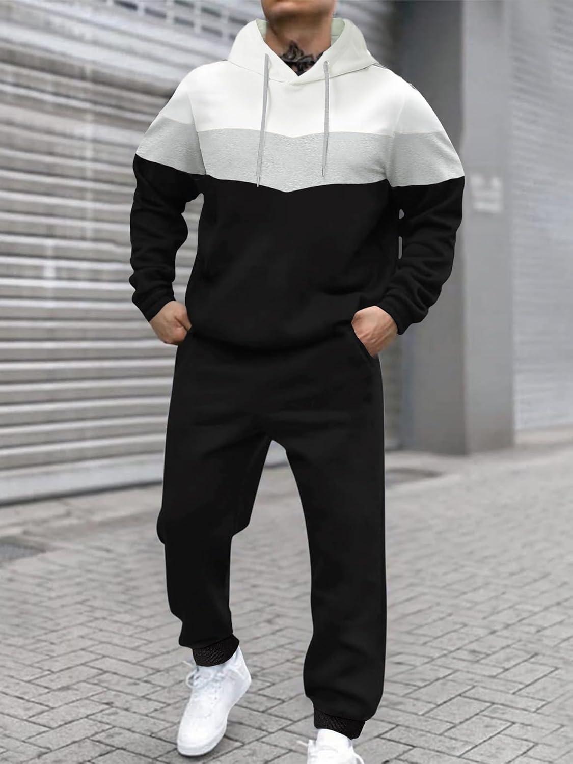 imageJMIERR Mens Hoodie Tracksuit 2 Pieces Set Novelty Color Block Pullover Fleece Hoodies Long Sleeve Casual SweatshirtWhite