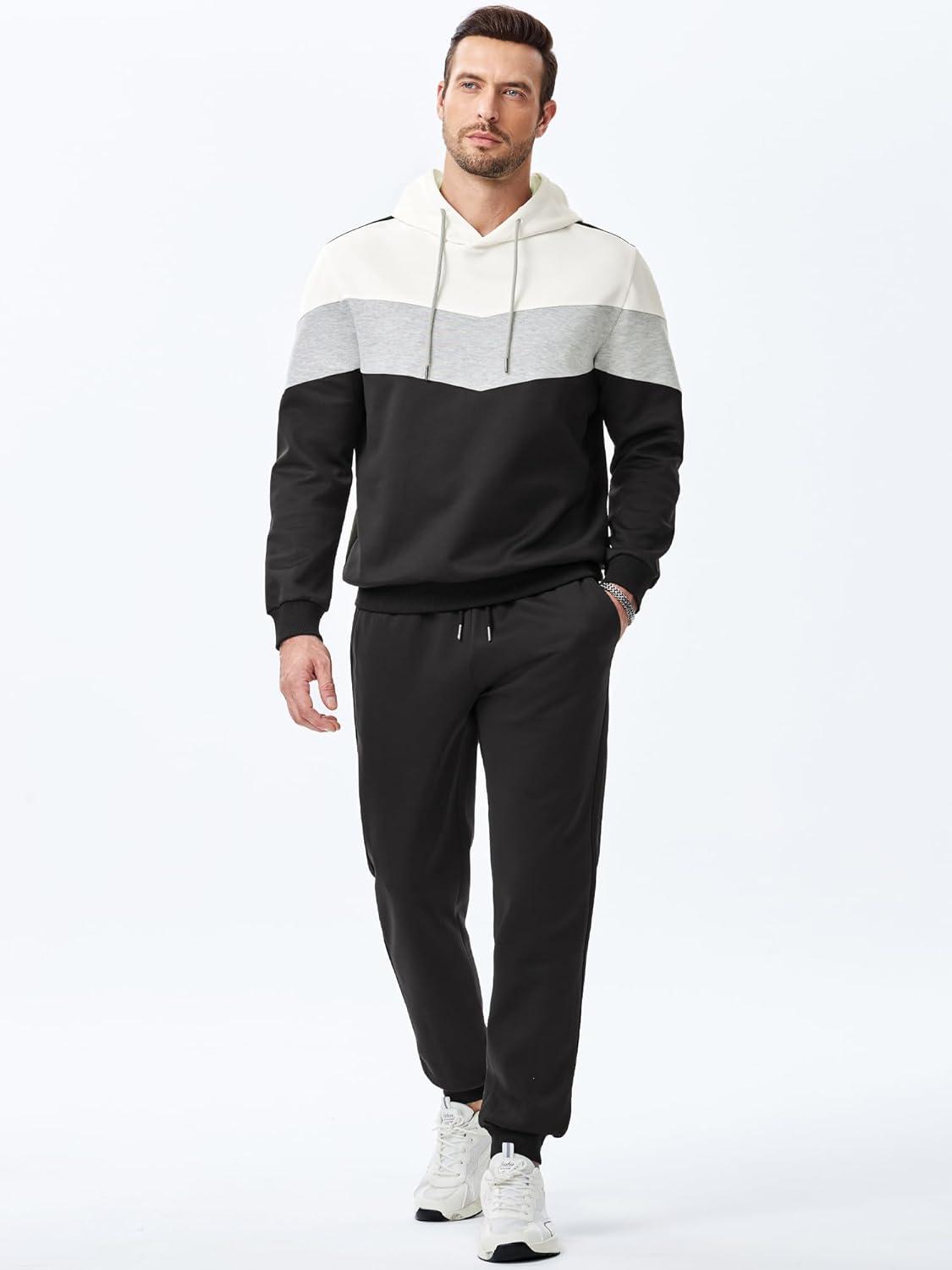 imageJMIERR Mens Hoodie Tracksuit 2 Pieces Set Novelty Color Block Pullover Fleece Hoodies Long Sleeve Casual SweatshirtWhite