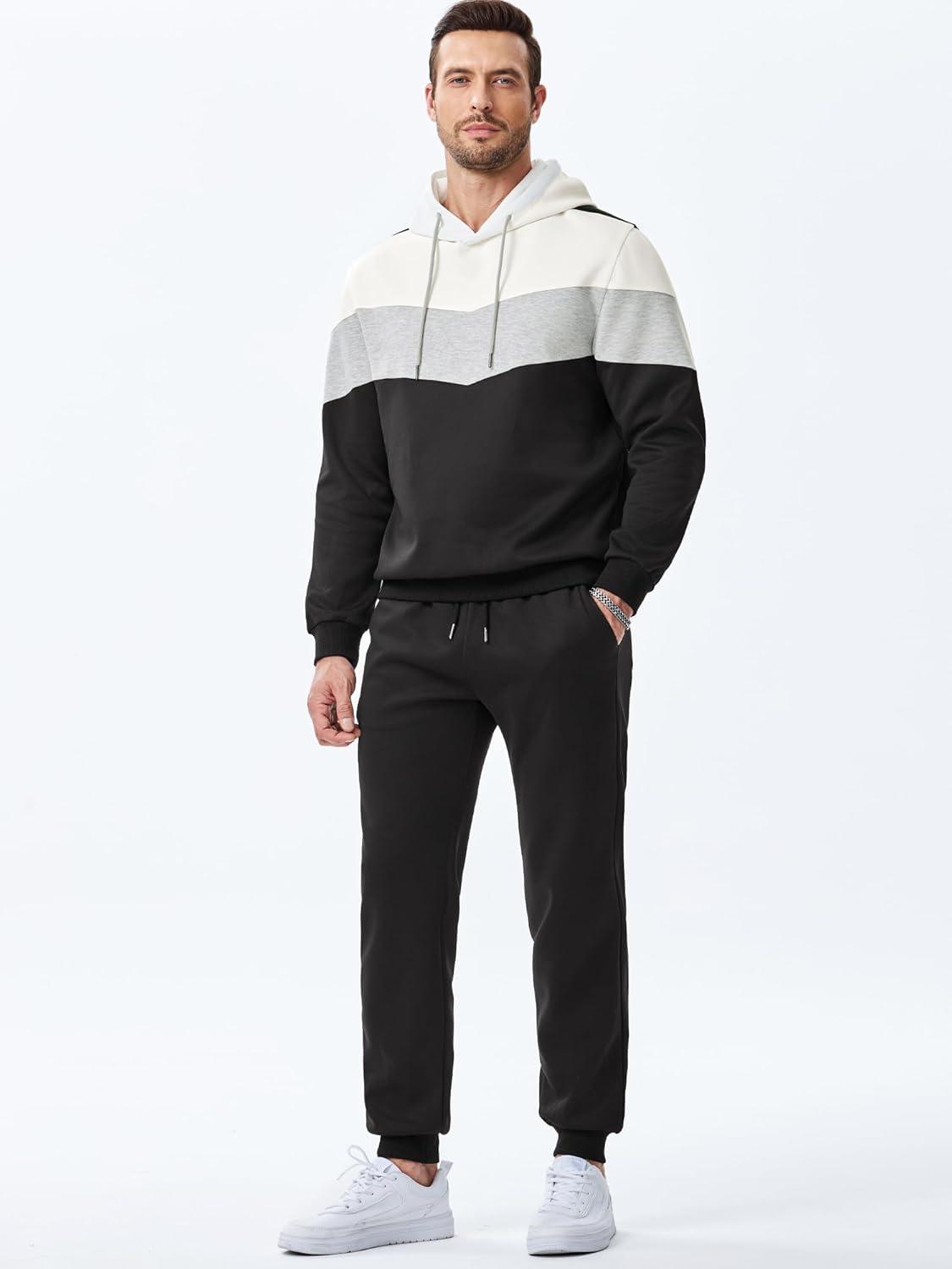 imageJMIERR Mens Hoodie Tracksuit 2 Pieces Set Novelty Color Block Pullover Fleece Hoodies Long Sleeve Casual SweatshirtWhite