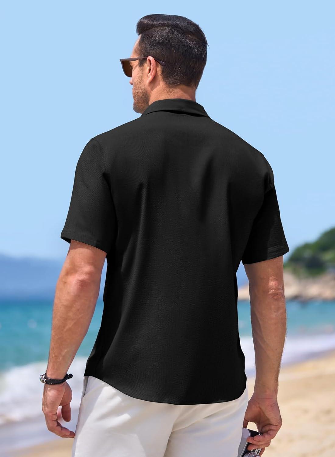 imageJMIERR Mens Linen Shirts Short Sleeve Summer Button Down Casual Beach Hawaiian Shirt with PocketBlack