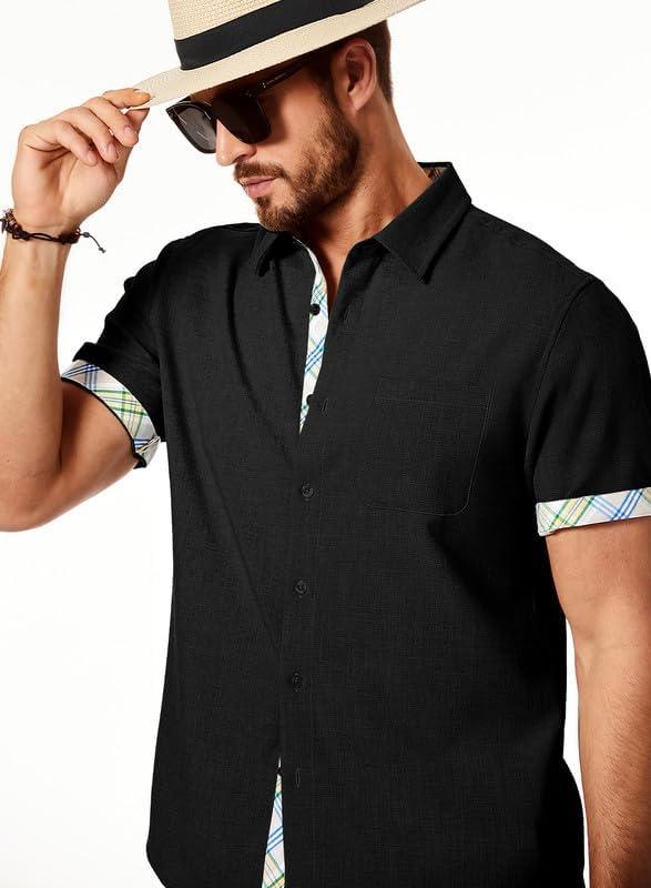 imageJMIERR Mens Linen Shirts Short Sleeve Summer Button Down Casual Beach Hawaiian Shirt with PocketBlack