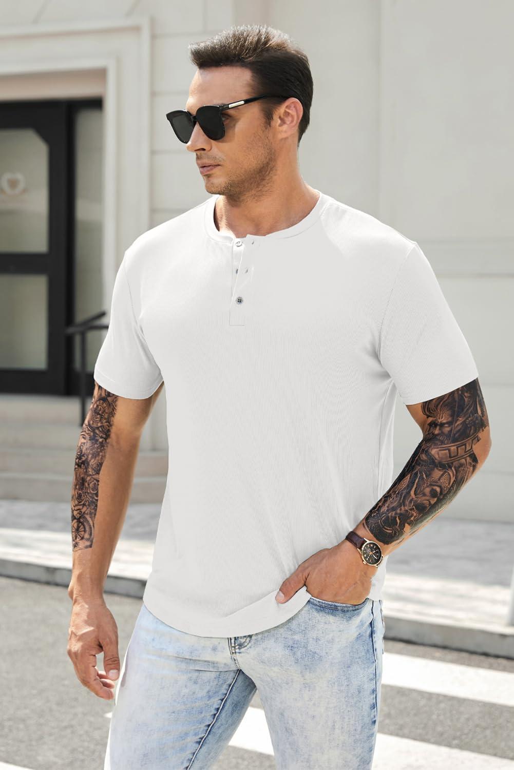 imageJMIERR Mens Muscle Slim Henley Shirts Crewneck Longline TShirt Gym Workout Athletic Shirt Tees with Button0 White