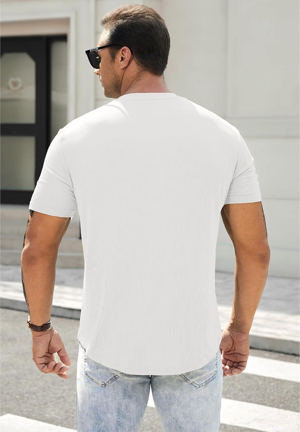 imageJMIERR Mens Muscle Slim Henley Shirts Crewneck Longline TShirt Gym Workout Athletic Shirt Tees with Button0 White