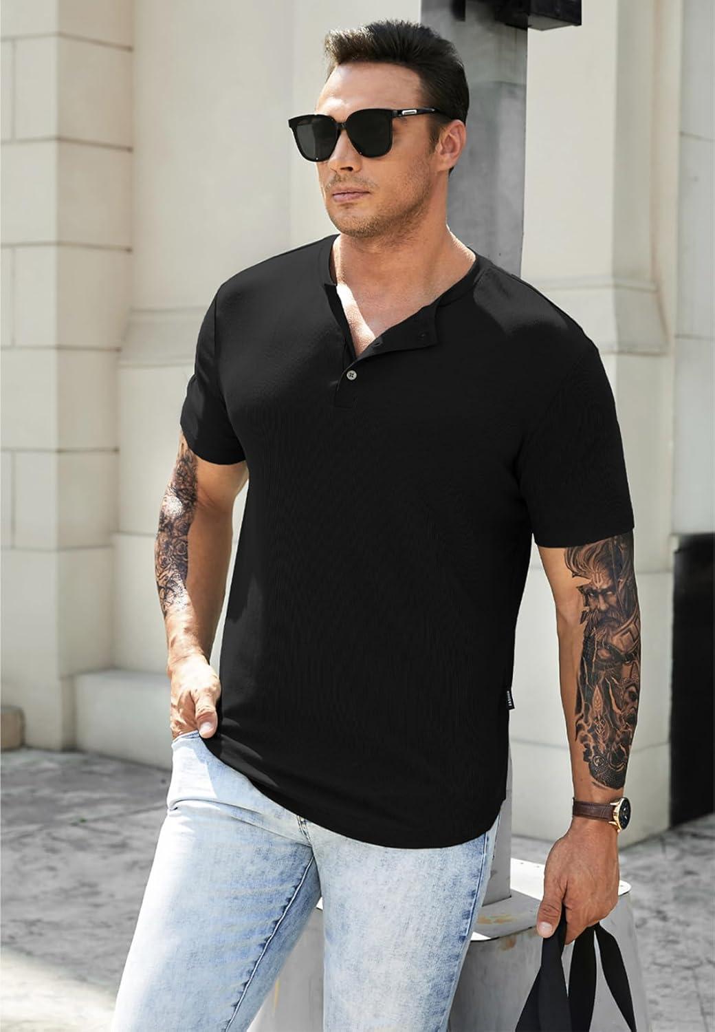imageJMIERR Mens Muscle Slim Henley Shirts Crewneck Longline TShirt Gym Workout Athletic Shirt Tees with Button02 Black