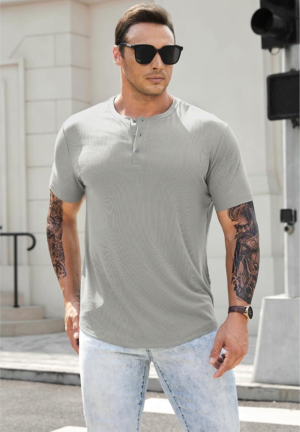 imageJMIERR Mens Muscle Slim Henley Shirts Crewneck Longline TShirt Gym Workout Athletic Shirt Tees with Button03 Grey