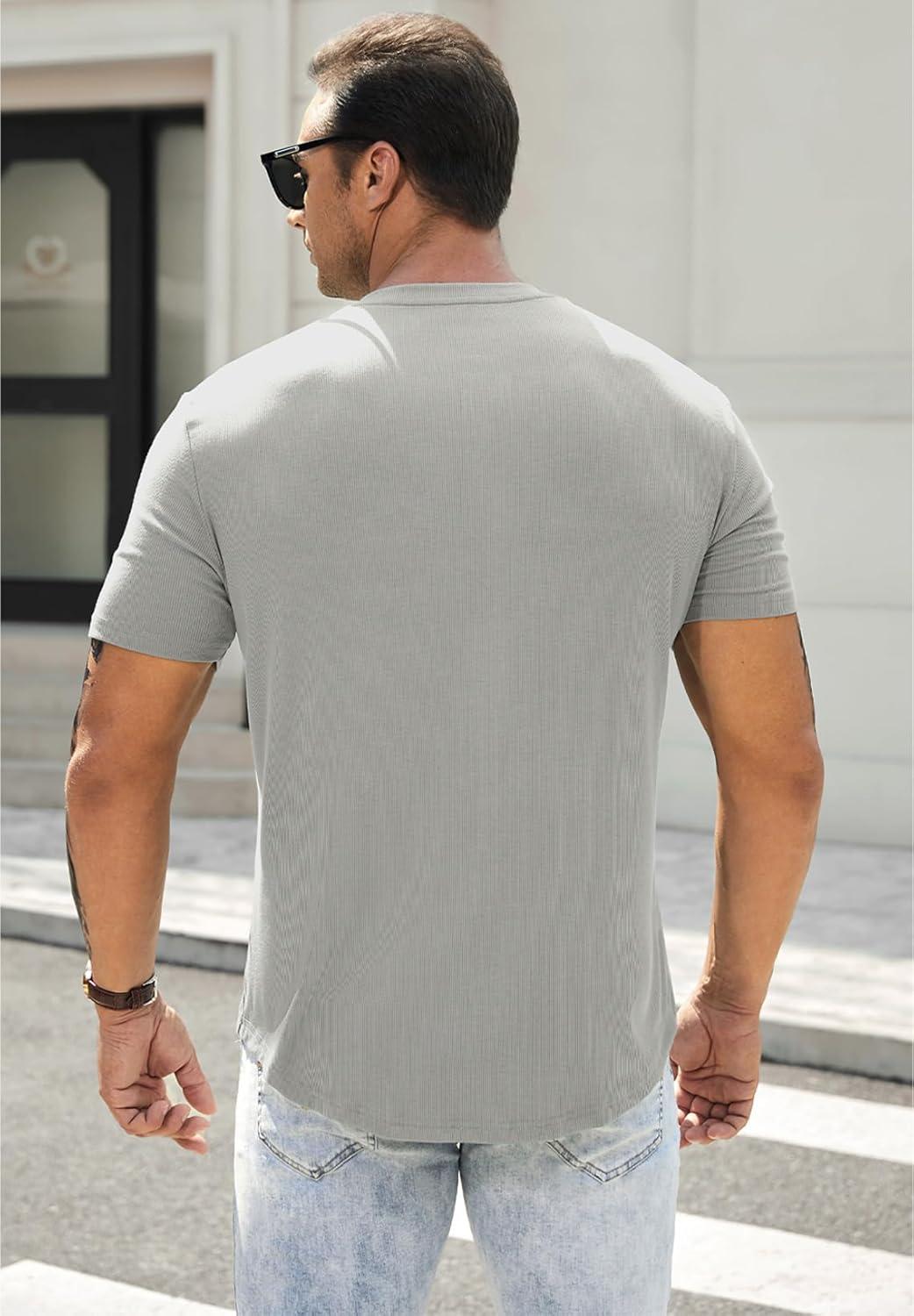 imageJMIERR Mens Muscle Slim Henley Shirts Crewneck Longline TShirt Gym Workout Athletic Shirt Tees with Button03 Grey