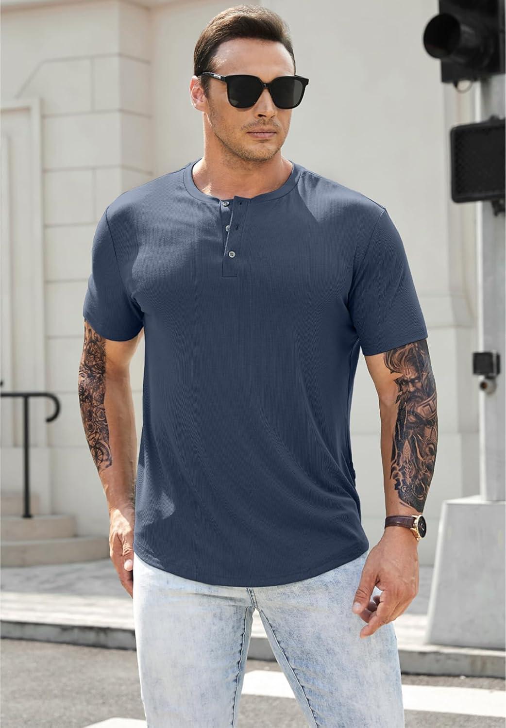 imageJMIERR Mens Muscle Slim Henley Shirts Crewneck Longline TShirt Gym Workout Athletic Shirt Tees with Button04 Blue1