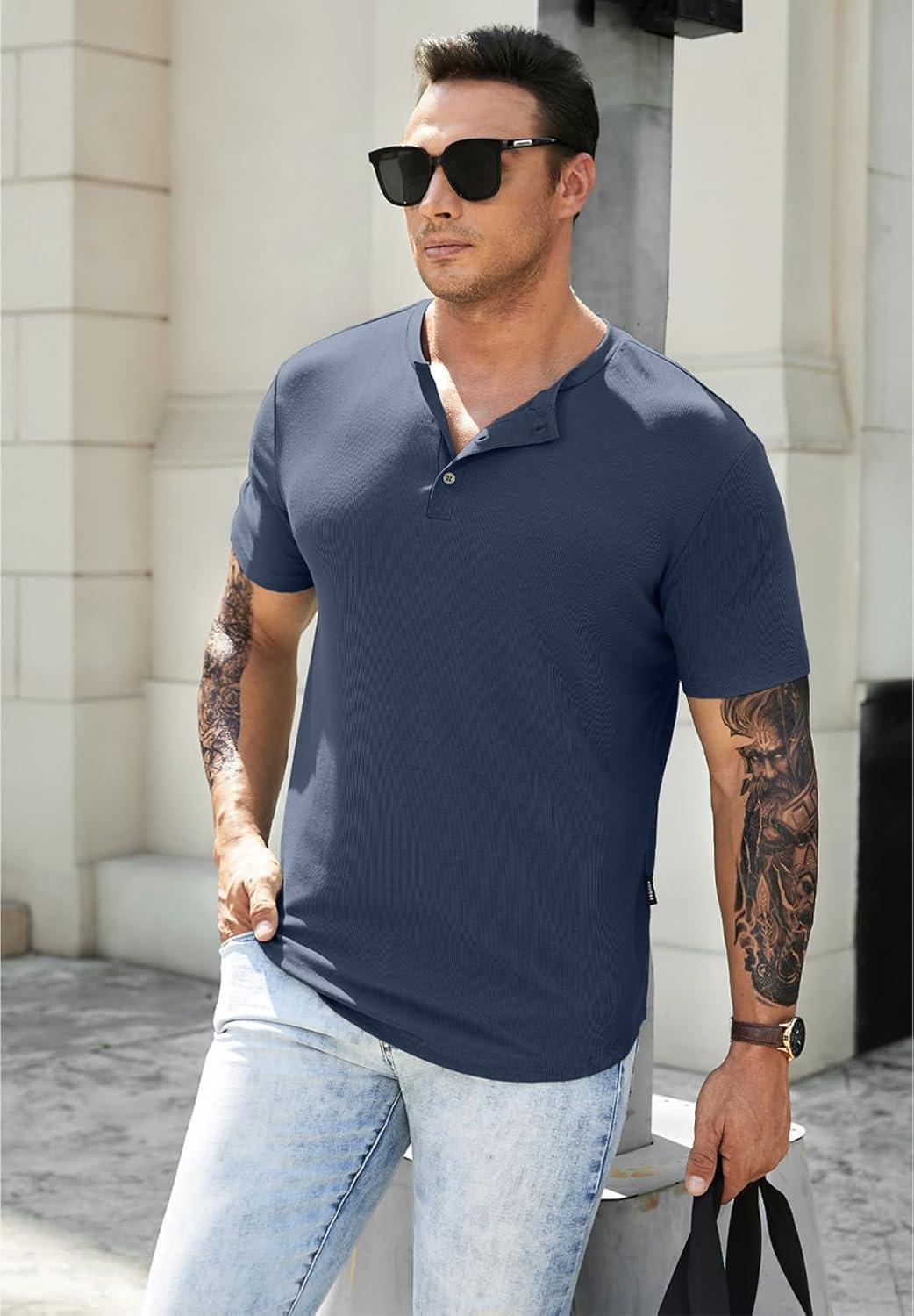 imageJMIERR Mens Muscle Slim Henley Shirts Crewneck Longline TShirt Gym Workout Athletic Shirt Tees with Button04 Blue1