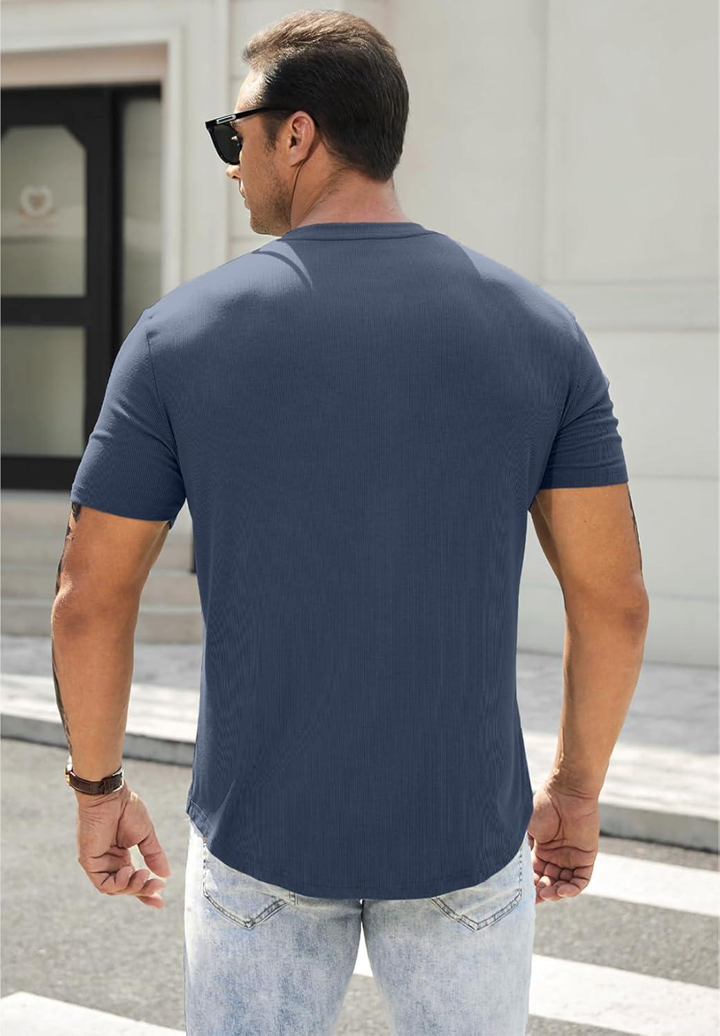 imageJMIERR Mens Muscle Slim Henley Shirts Crewneck Longline TShirt Gym Workout Athletic Shirt Tees with Button04 Blue1