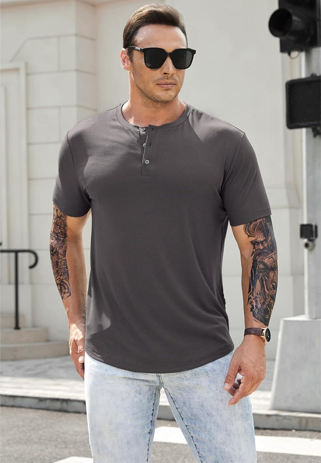 imageJMIERR Mens Muscle Slim Henley Shirts Crewneck Longline TShirt Gym Workout Athletic Shirt Tees with Button05 Grey1