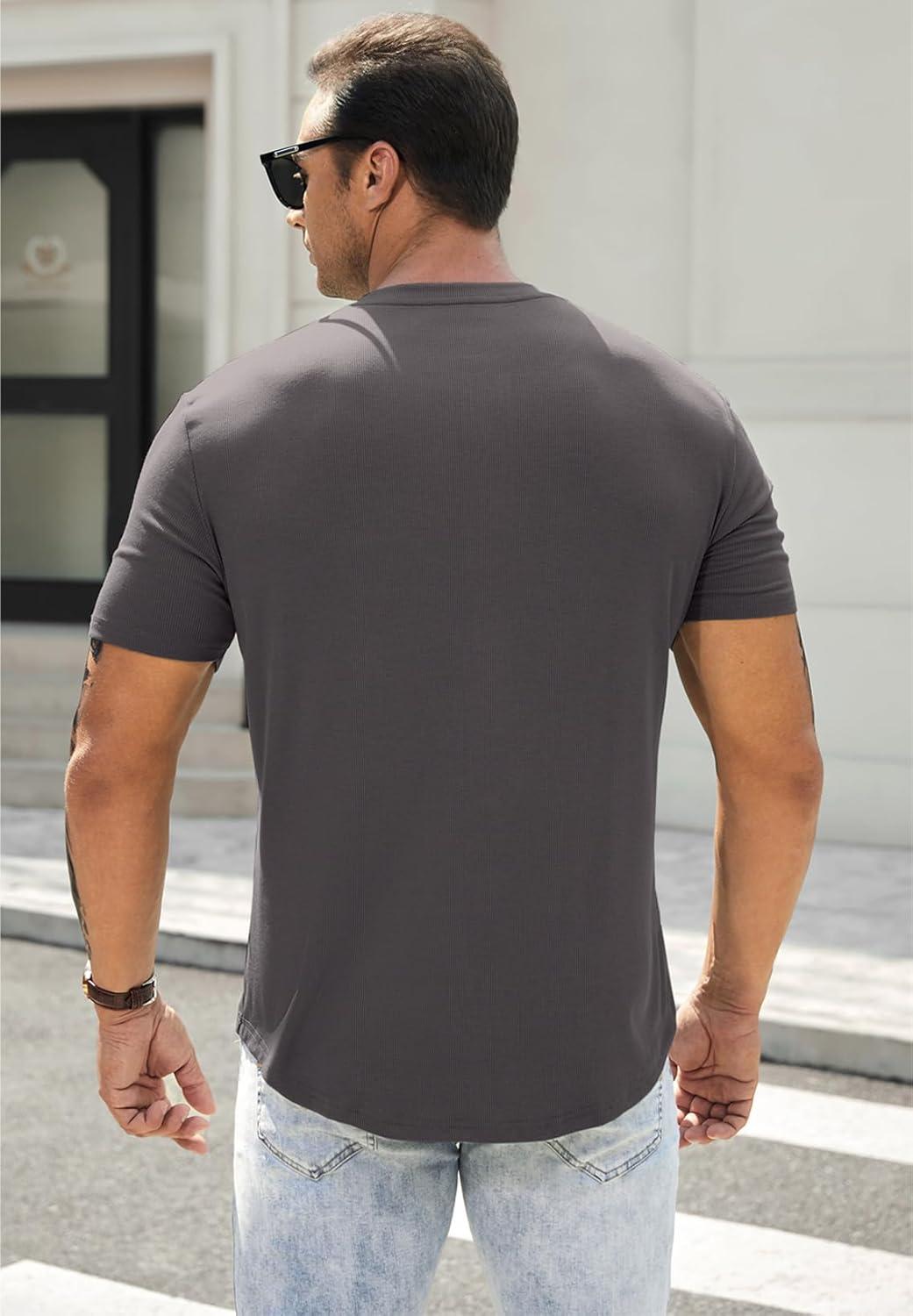 imageJMIERR Mens Muscle Slim Henley Shirts Crewneck Longline TShirt Gym Workout Athletic Shirt Tees with Button05 Grey1