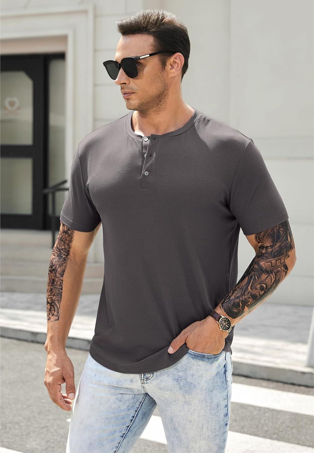 imageJMIERR Mens Muscle Slim Henley Shirts Crewneck Longline TShirt Gym Workout Athletic Shirt Tees with Button05 Grey1