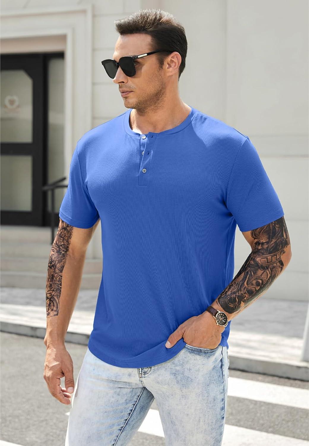 imageJMIERR Mens Muscle Slim Henley Shirts Crewneck Longline TShirt Gym Workout Athletic Shirt Tees with ButtonA Blue2