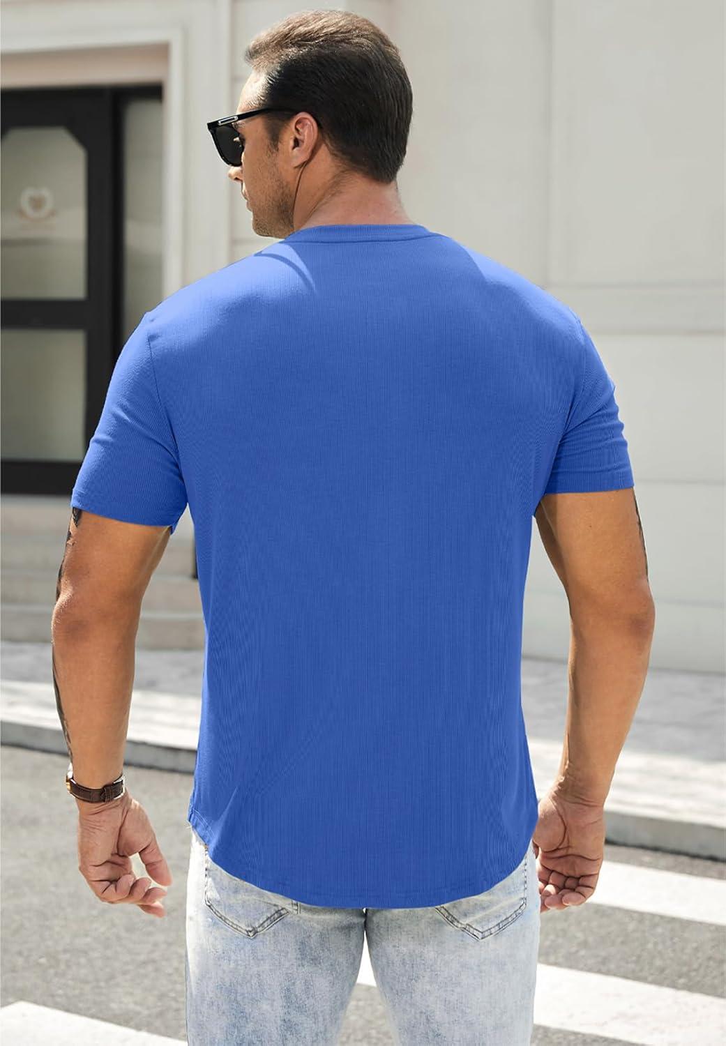 imageJMIERR Mens Muscle Slim Henley Shirts Crewneck Longline TShirt Gym Workout Athletic Shirt Tees with ButtonA Blue2