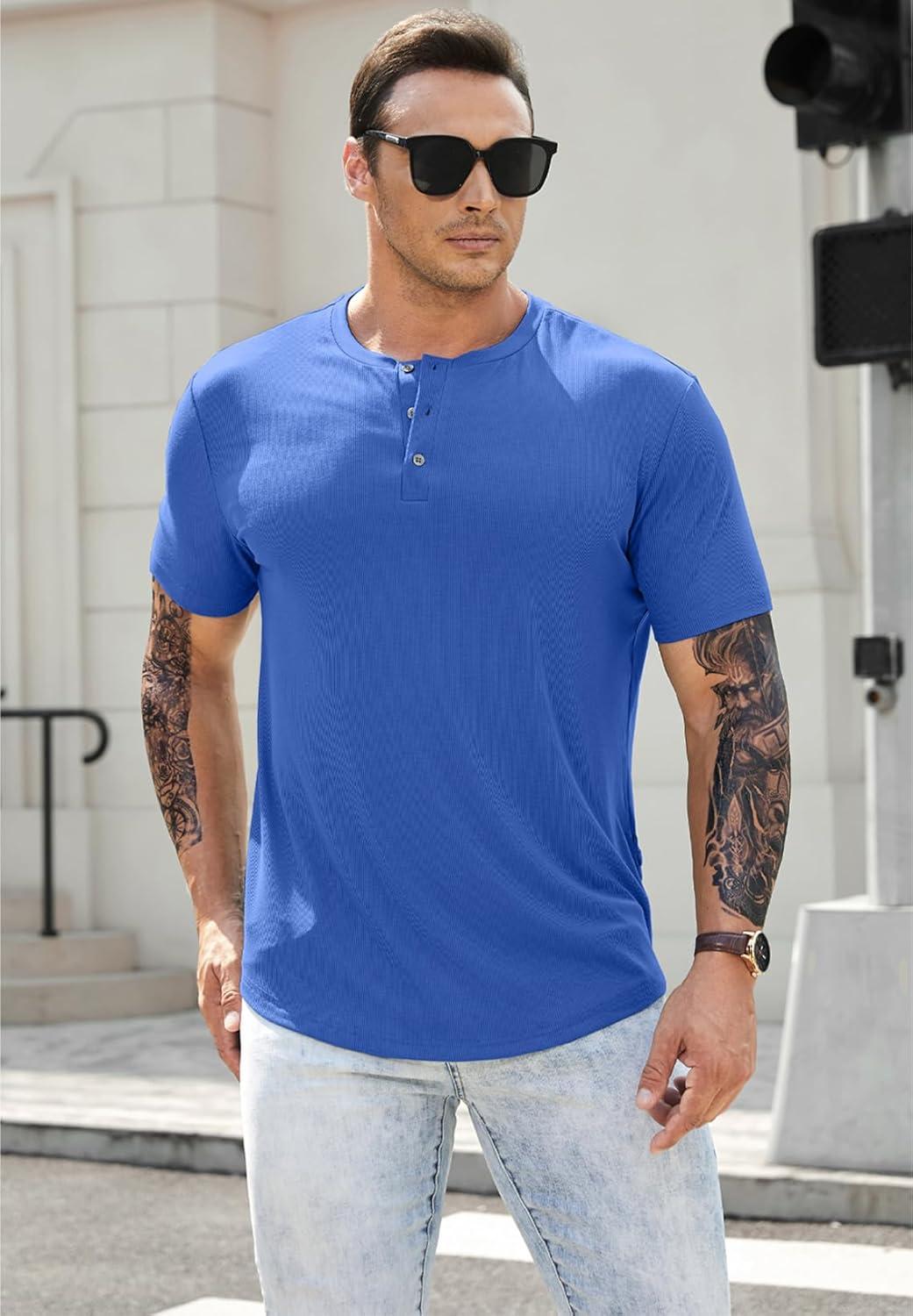 imageJMIERR Mens Muscle Slim Henley Shirts Crewneck Longline TShirt Gym Workout Athletic Shirt Tees with ButtonA Blue2