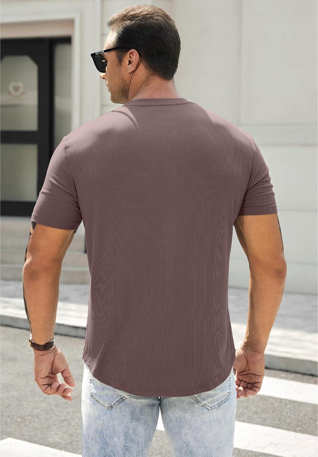 imageJMIERR Mens Muscle Slim Henley Shirts Crewneck Longline TShirt Gym Workout Athletic Shirt Tees with ButtonA Brown1