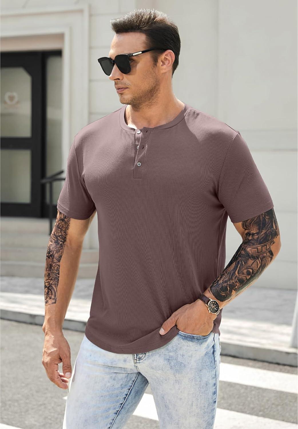 imageJMIERR Mens Muscle Slim Henley Shirts Crewneck Longline TShirt Gym Workout Athletic Shirt Tees with ButtonA Brown1