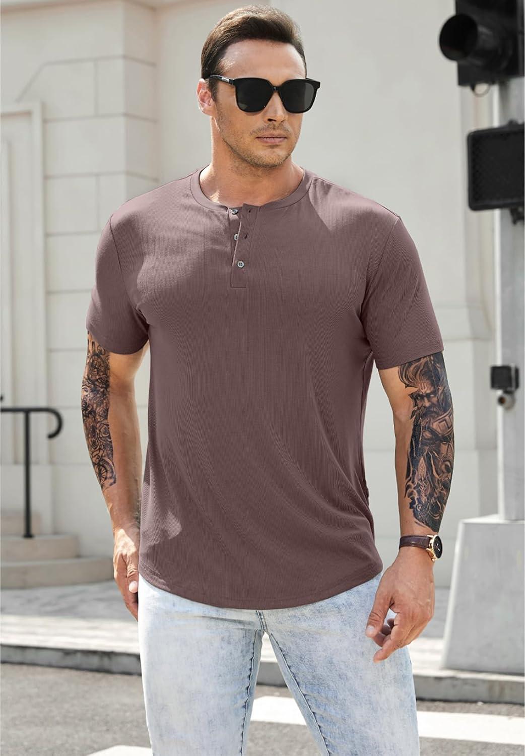 imageJMIERR Mens Muscle Slim Henley Shirts Crewneck Longline TShirt Gym Workout Athletic Shirt Tees with ButtonA Brown1