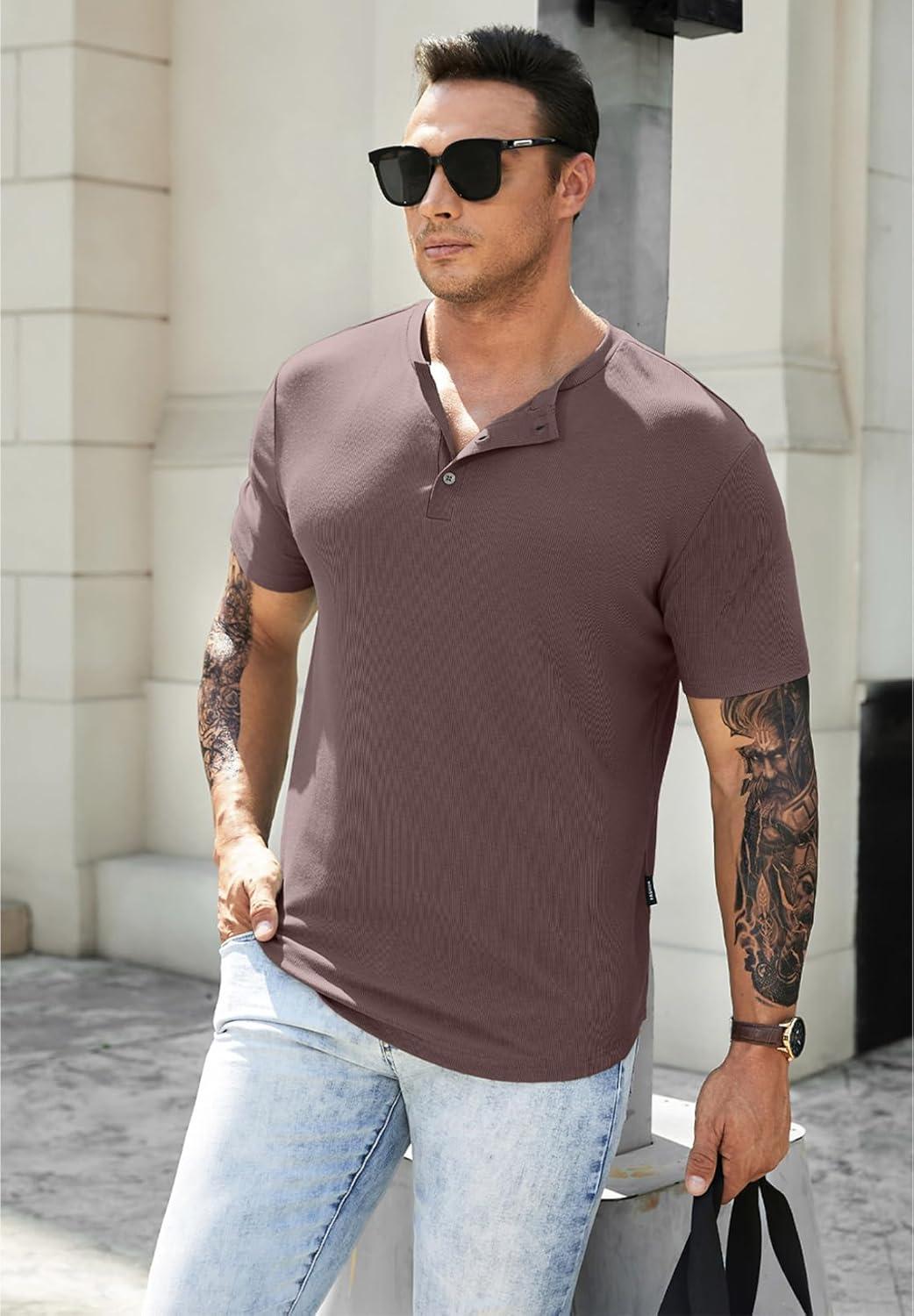 imageJMIERR Mens Muscle Slim Henley Shirts Crewneck Longline TShirt Gym Workout Athletic Shirt Tees with ButtonA Brown1