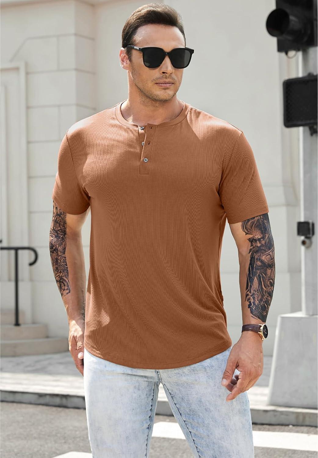 imageJMIERR Mens Muscle Slim Henley Shirts Crewneck Longline TShirt Gym Workout Athletic Shirt Tees with ButtonA Brown2