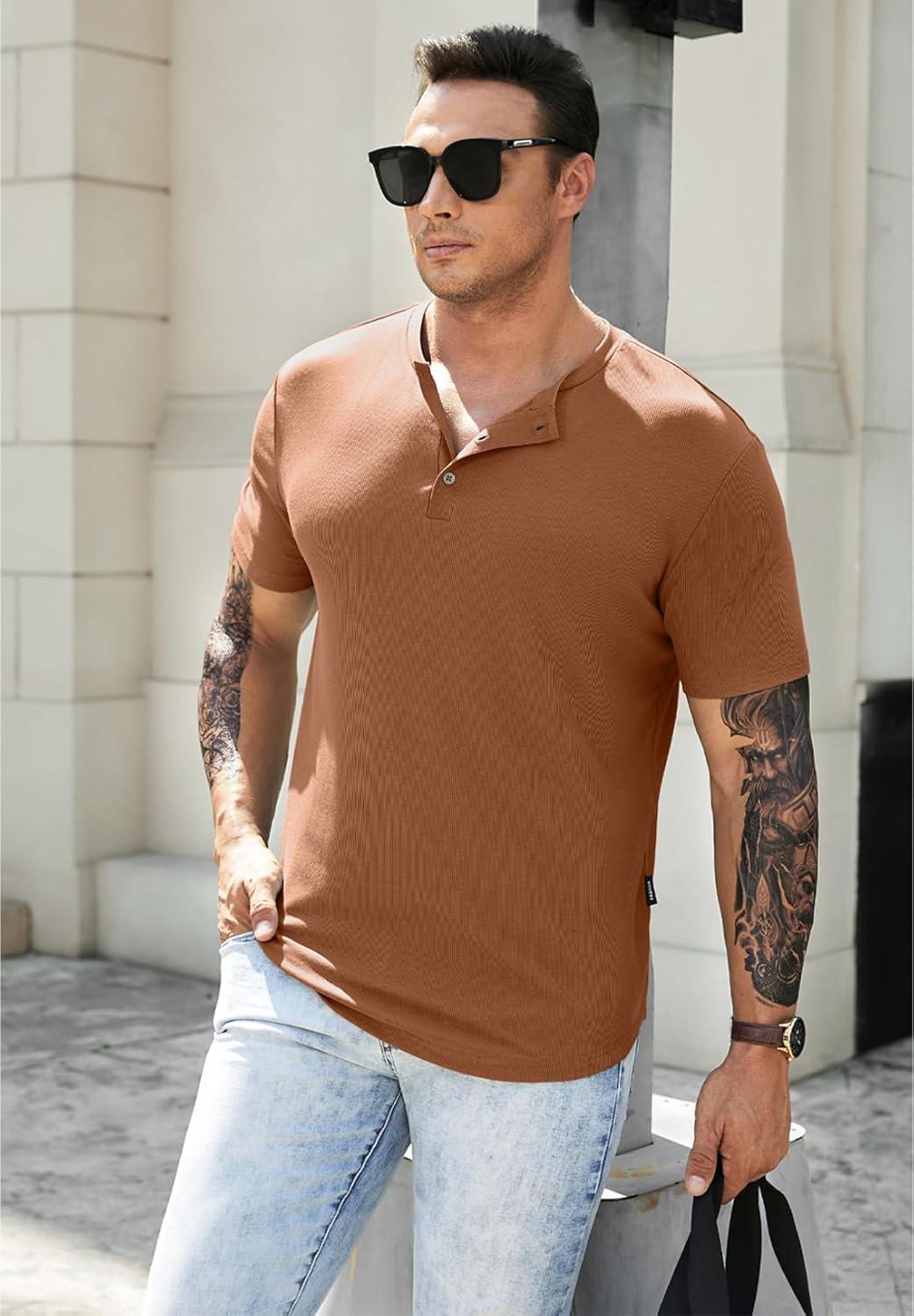 imageJMIERR Mens Muscle Slim Henley Shirts Crewneck Longline TShirt Gym Workout Athletic Shirt Tees with ButtonA Brown2
