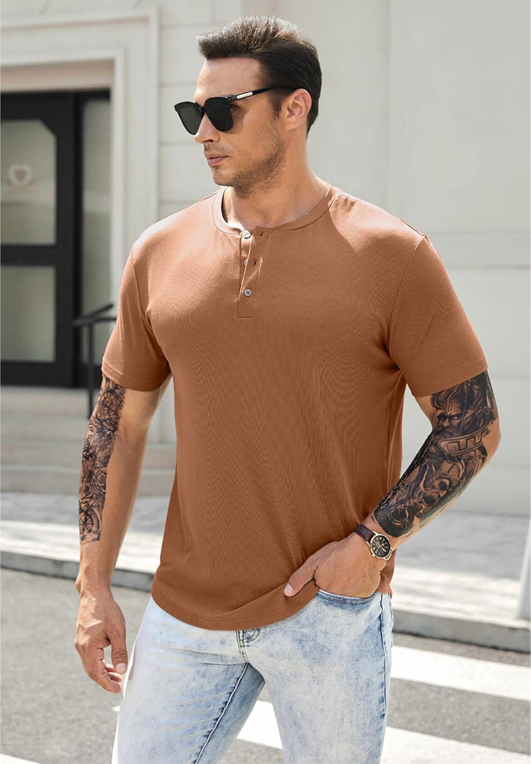 imageJMIERR Mens Muscle Slim Henley Shirts Crewneck Longline TShirt Gym Workout Athletic Shirt Tees with ButtonA Brown2