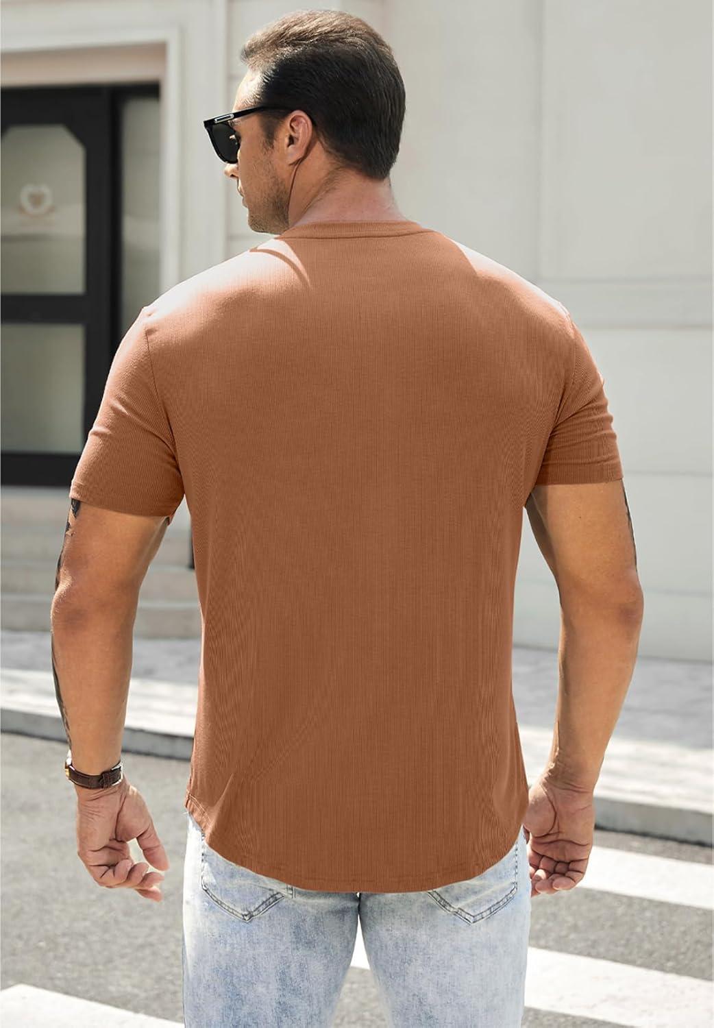 imageJMIERR Mens Muscle Slim Henley Shirts Crewneck Longline TShirt Gym Workout Athletic Shirt Tees with ButtonA Brown2