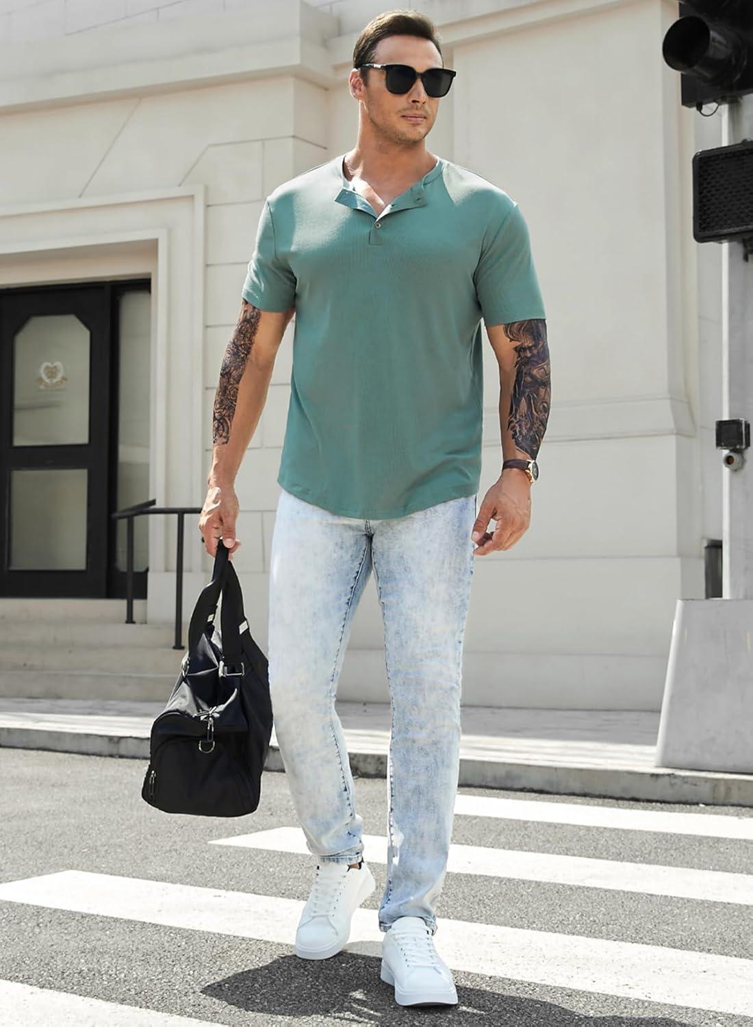imageJMIERR Mens Muscle Slim Henley Shirts Crewneck Longline TShirt Gym Workout Athletic Shirt Tees with ButtonA Green1