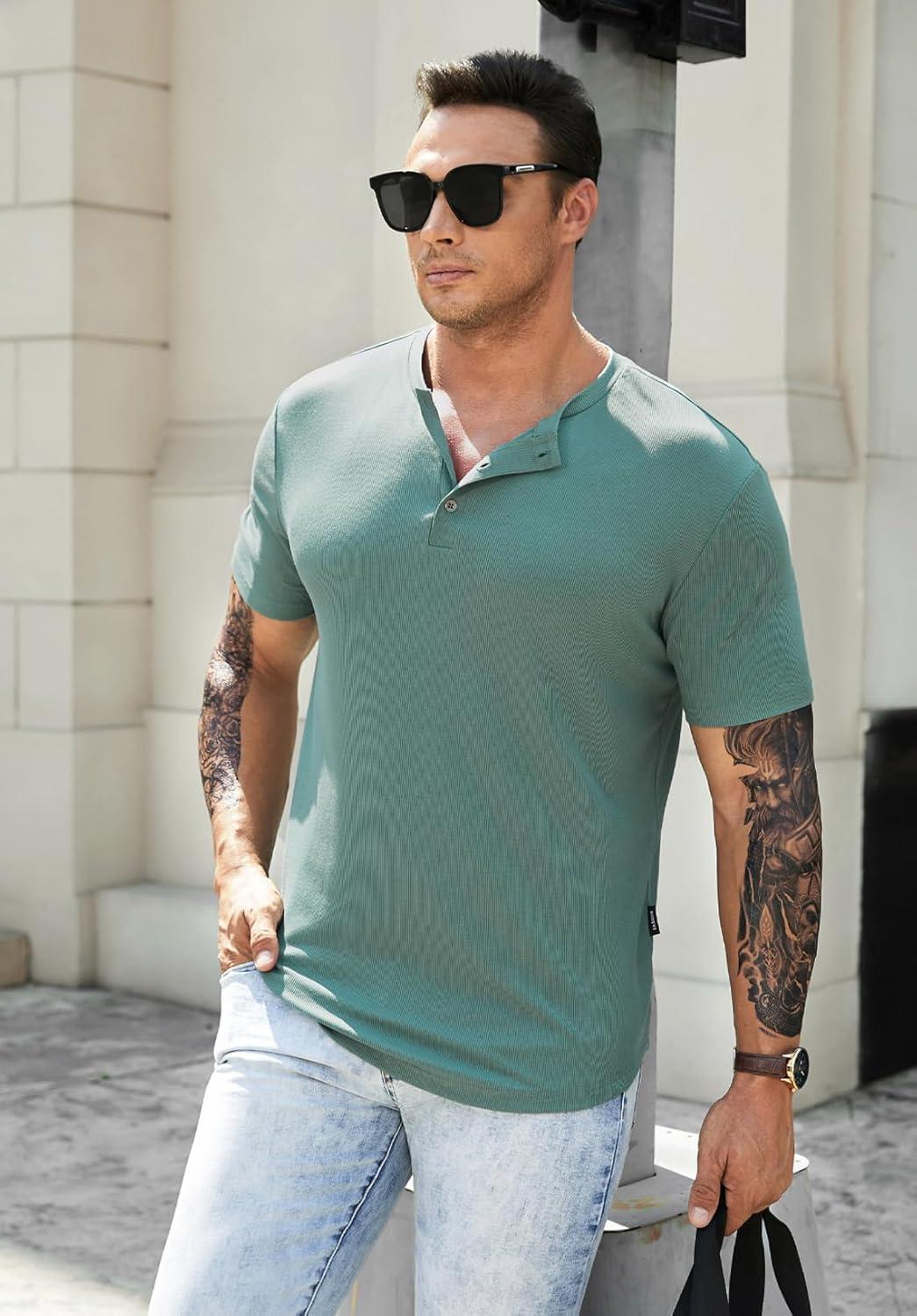 imageJMIERR Mens Muscle Slim Henley Shirts Crewneck Longline TShirt Gym Workout Athletic Shirt Tees with ButtonA Green1