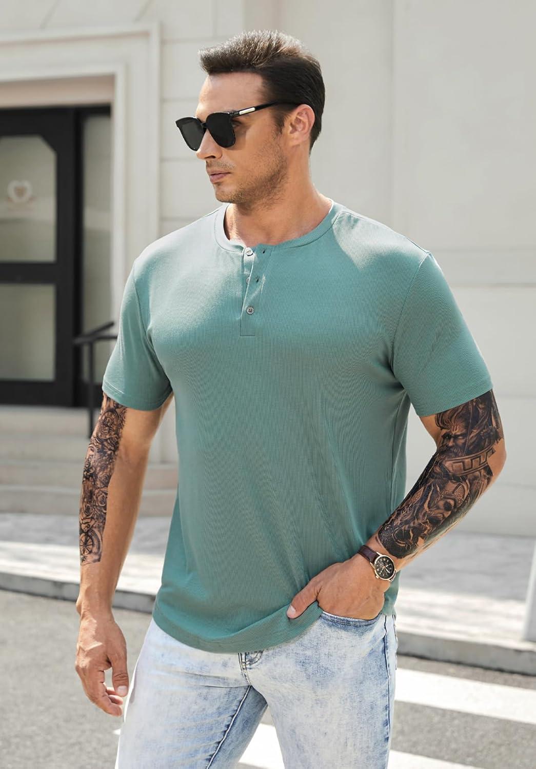 imageJMIERR Mens Muscle Slim Henley Shirts Crewneck Longline TShirt Gym Workout Athletic Shirt Tees with ButtonA Green1