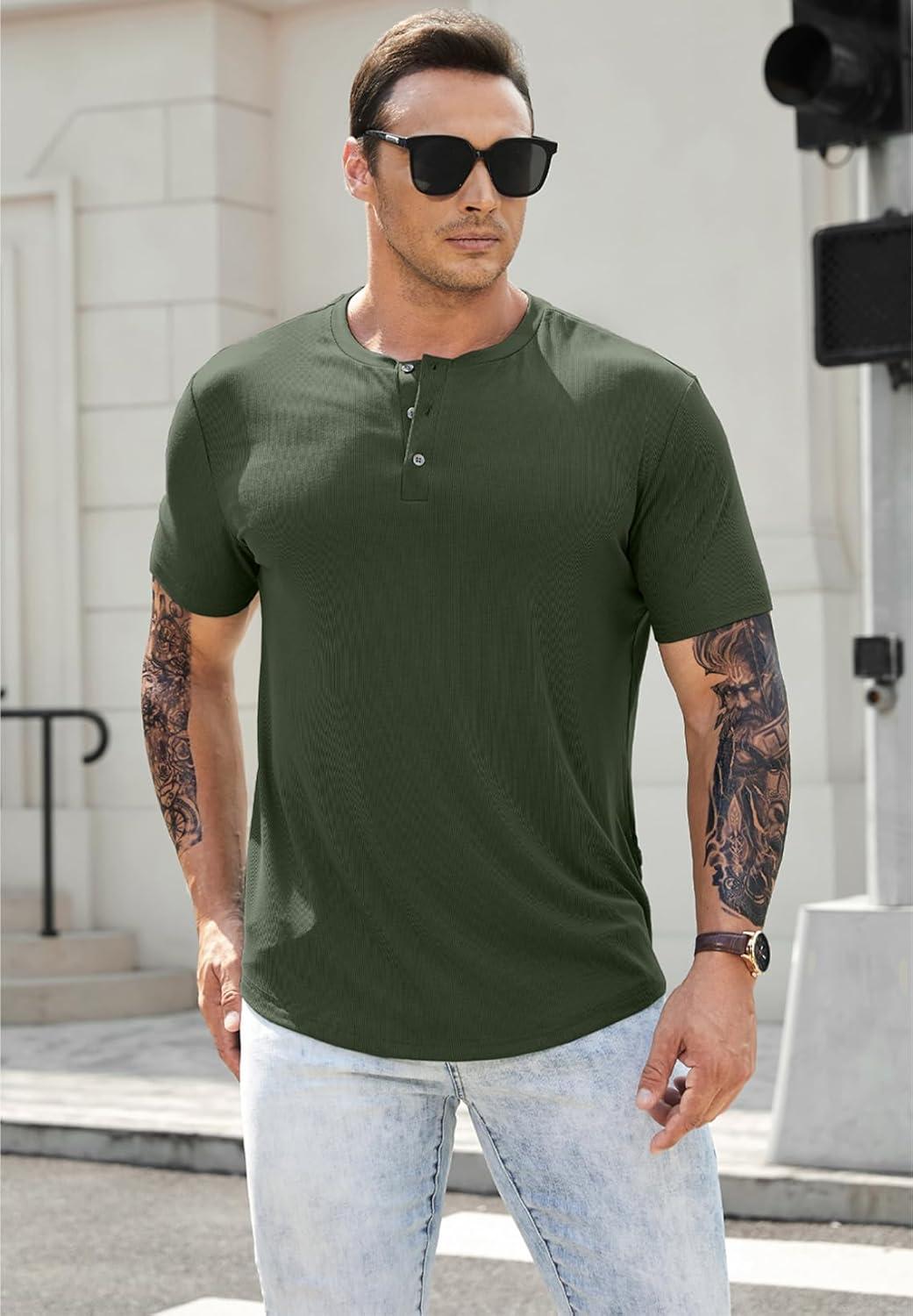 imageJMIERR Mens Muscle Slim Henley Shirts Crewneck Longline TShirt Gym Workout Athletic Shirt Tees with ButtonA Green2