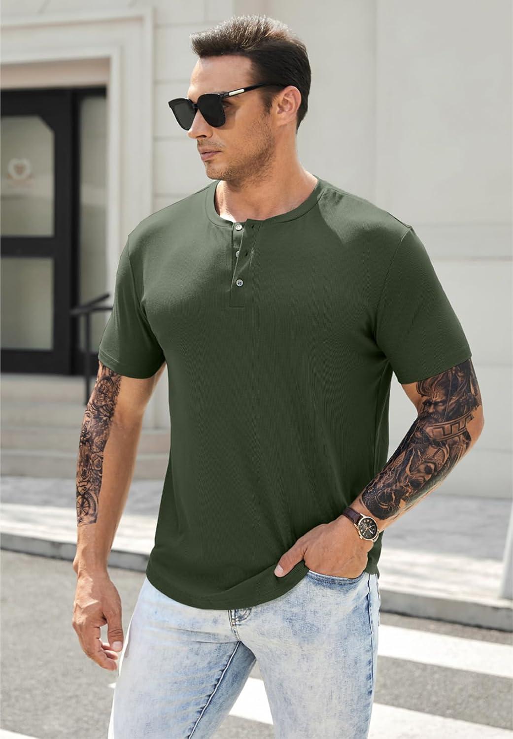 imageJMIERR Mens Muscle Slim Henley Shirts Crewneck Longline TShirt Gym Workout Athletic Shirt Tees with ButtonA Green2