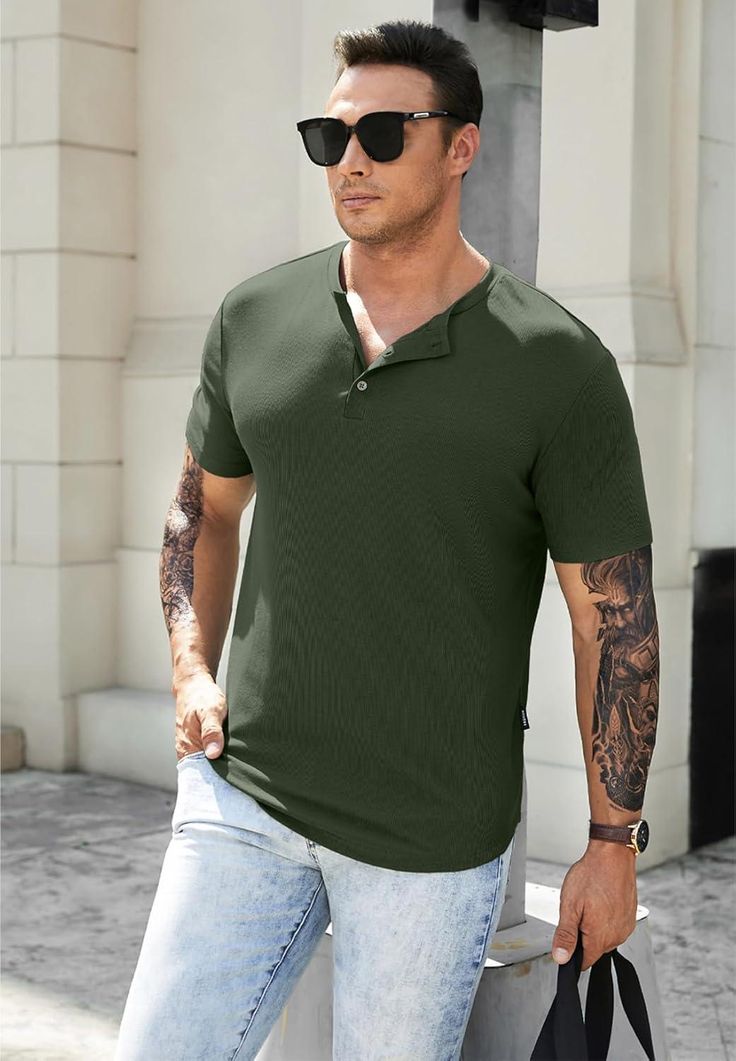 imageJMIERR Mens Muscle Slim Henley Shirts Crewneck Longline TShirt Gym Workout Athletic Shirt Tees with ButtonA Green2