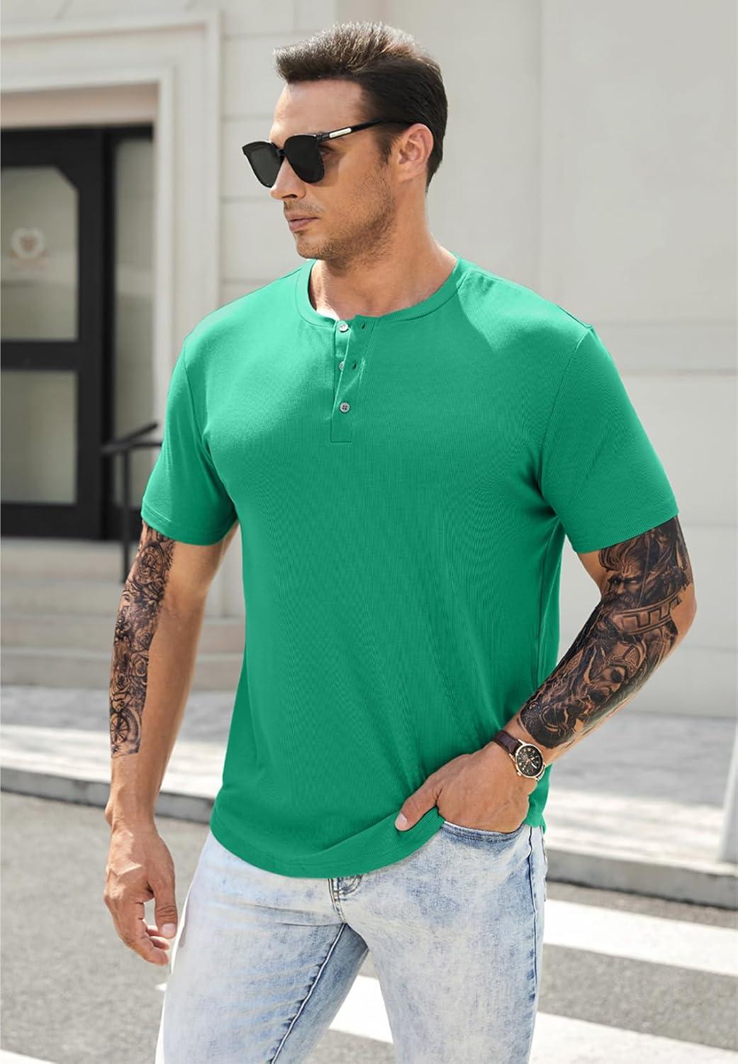 imageJMIERR Mens Muscle Slim Henley Shirts Crewneck Longline TShirt Gym Workout Athletic Shirt Tees with ButtonA Green3