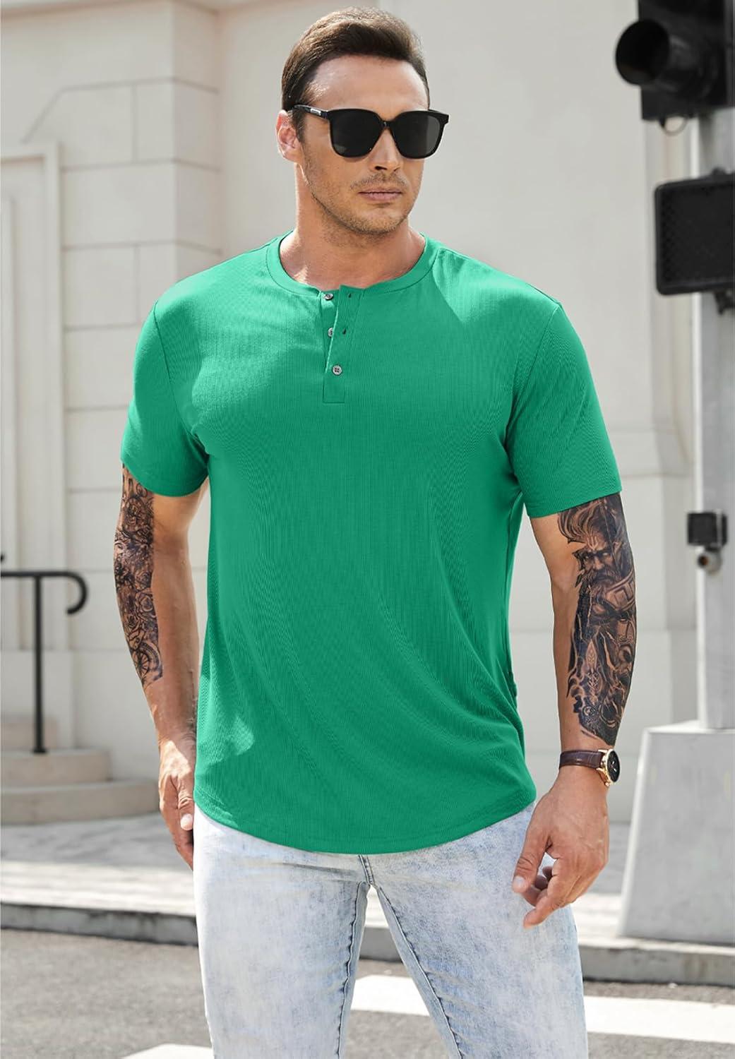 imageJMIERR Mens Muscle Slim Henley Shirts Crewneck Longline TShirt Gym Workout Athletic Shirt Tees with ButtonA Green3