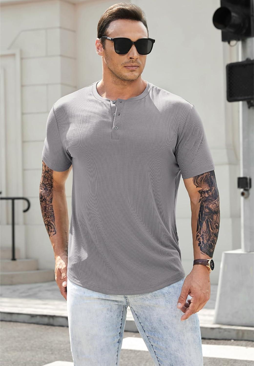 imageJMIERR Mens Muscle Slim Henley Shirts Crewneck Longline TShirt Gym Workout Athletic Shirt Tees with ButtonA Grey2