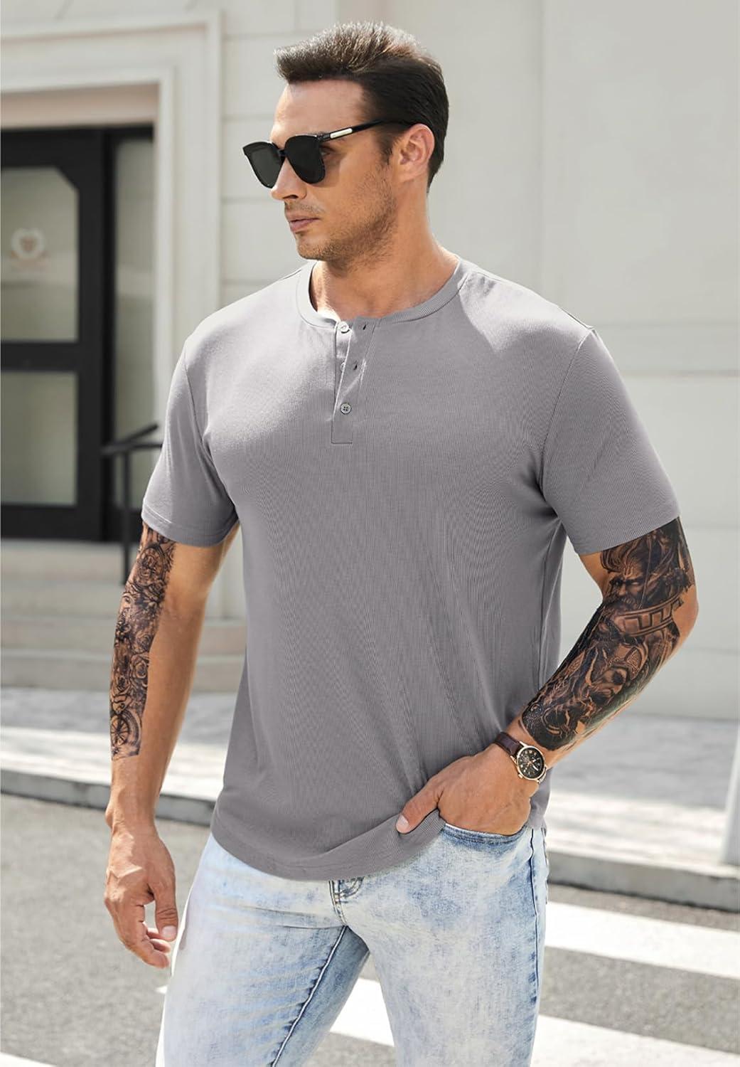 imageJMIERR Mens Muscle Slim Henley Shirts Crewneck Longline TShirt Gym Workout Athletic Shirt Tees with ButtonA Grey2