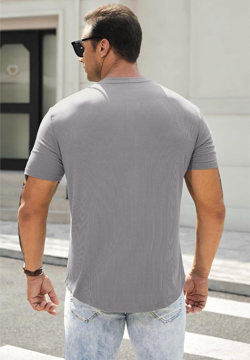 imageJMIERR Mens Muscle Slim Henley Shirts Crewneck Longline TShirt Gym Workout Athletic Shirt Tees with ButtonA Grey2