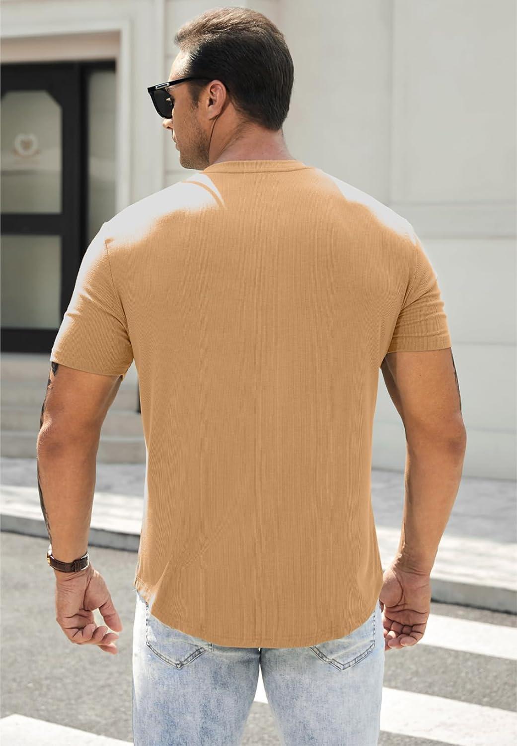 imageJMIERR Mens Muscle Slim Henley Shirts Crewneck Longline TShirt Gym Workout Athletic Shirt Tees with ButtonA Khaki1