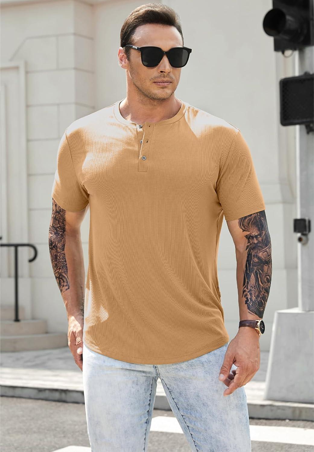 imageJMIERR Mens Muscle Slim Henley Shirts Crewneck Longline TShirt Gym Workout Athletic Shirt Tees with ButtonA Khaki1