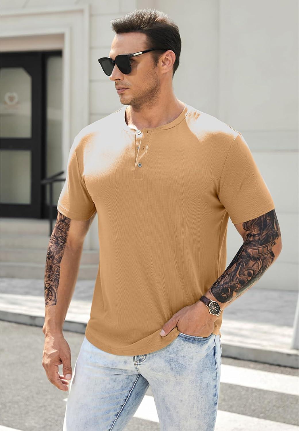 imageJMIERR Mens Muscle Slim Henley Shirts Crewneck Longline TShirt Gym Workout Athletic Shirt Tees with ButtonA Khaki1