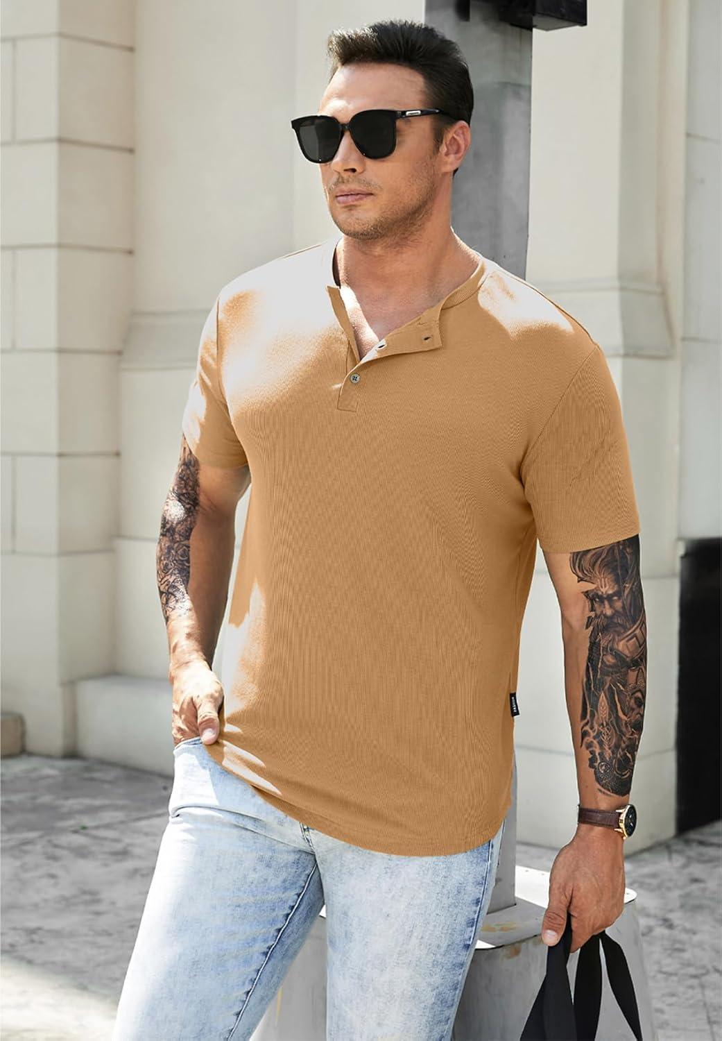 imageJMIERR Mens Muscle Slim Henley Shirts Crewneck Longline TShirt Gym Workout Athletic Shirt Tees with ButtonA Khaki1