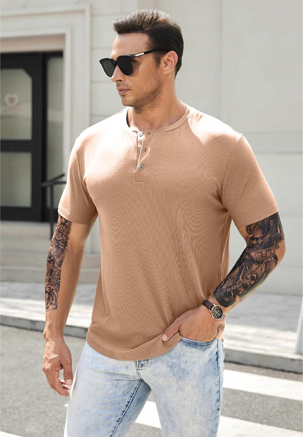 imageJMIERR Mens Muscle Slim Henley Shirts Crewneck Longline TShirt Gym Workout Athletic Shirt Tees with ButtonA Khaki2