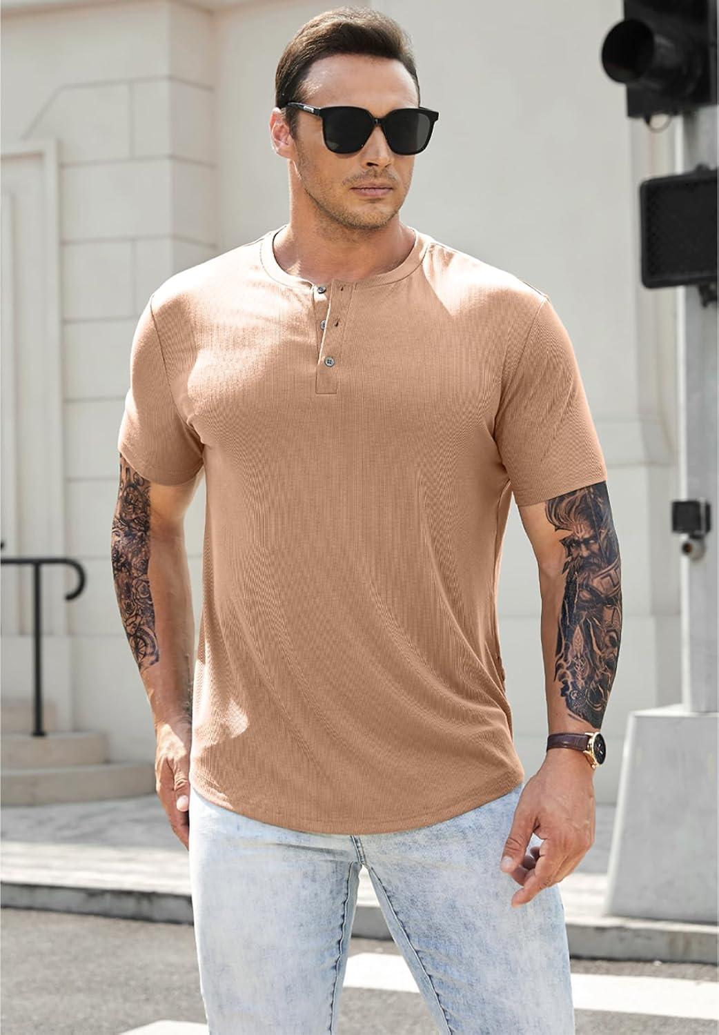 imageJMIERR Mens Muscle Slim Henley Shirts Crewneck Longline TShirt Gym Workout Athletic Shirt Tees with ButtonA Khaki2