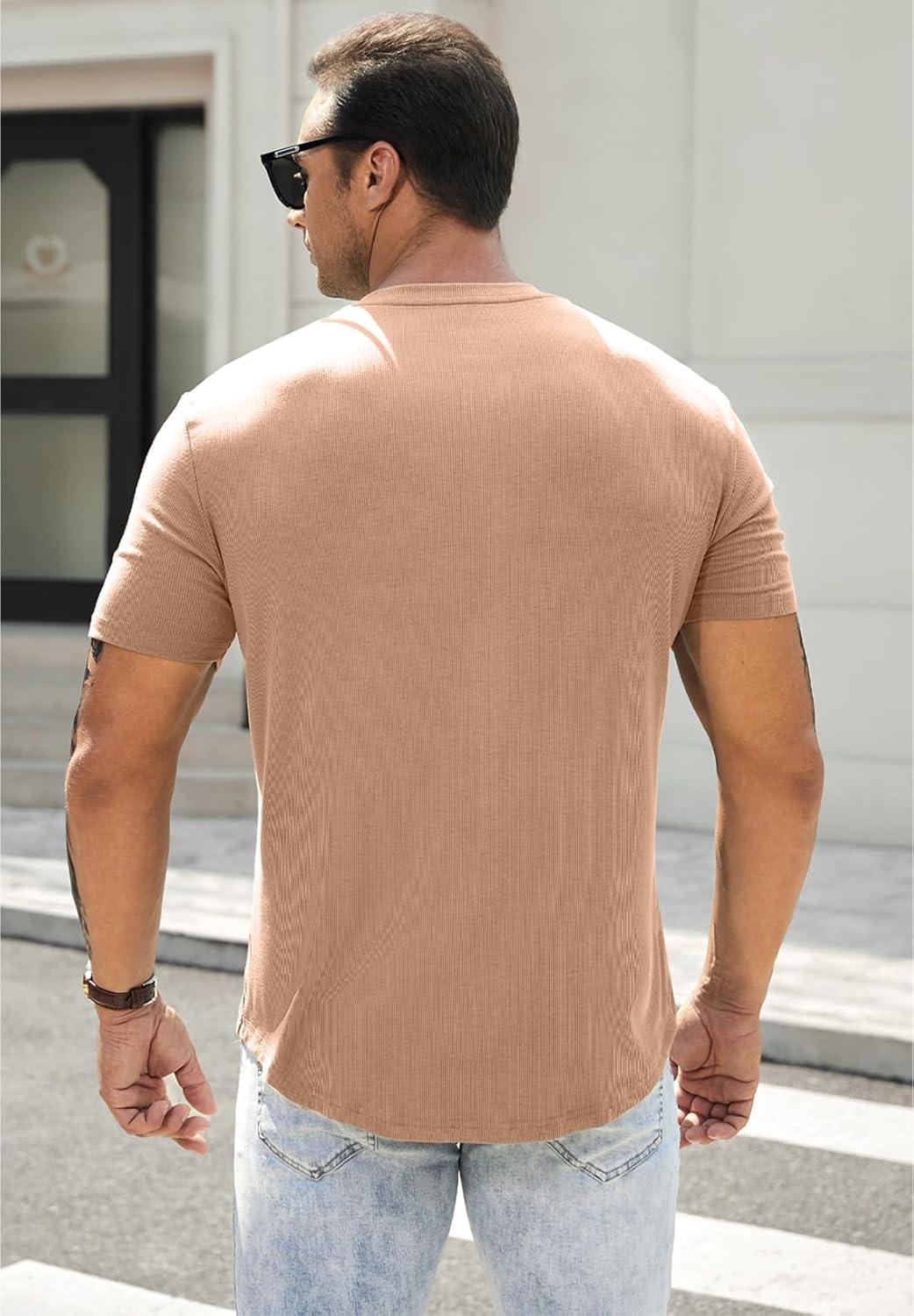 imageJMIERR Mens Muscle Slim Henley Shirts Crewneck Longline TShirt Gym Workout Athletic Shirt Tees with ButtonA Khaki2