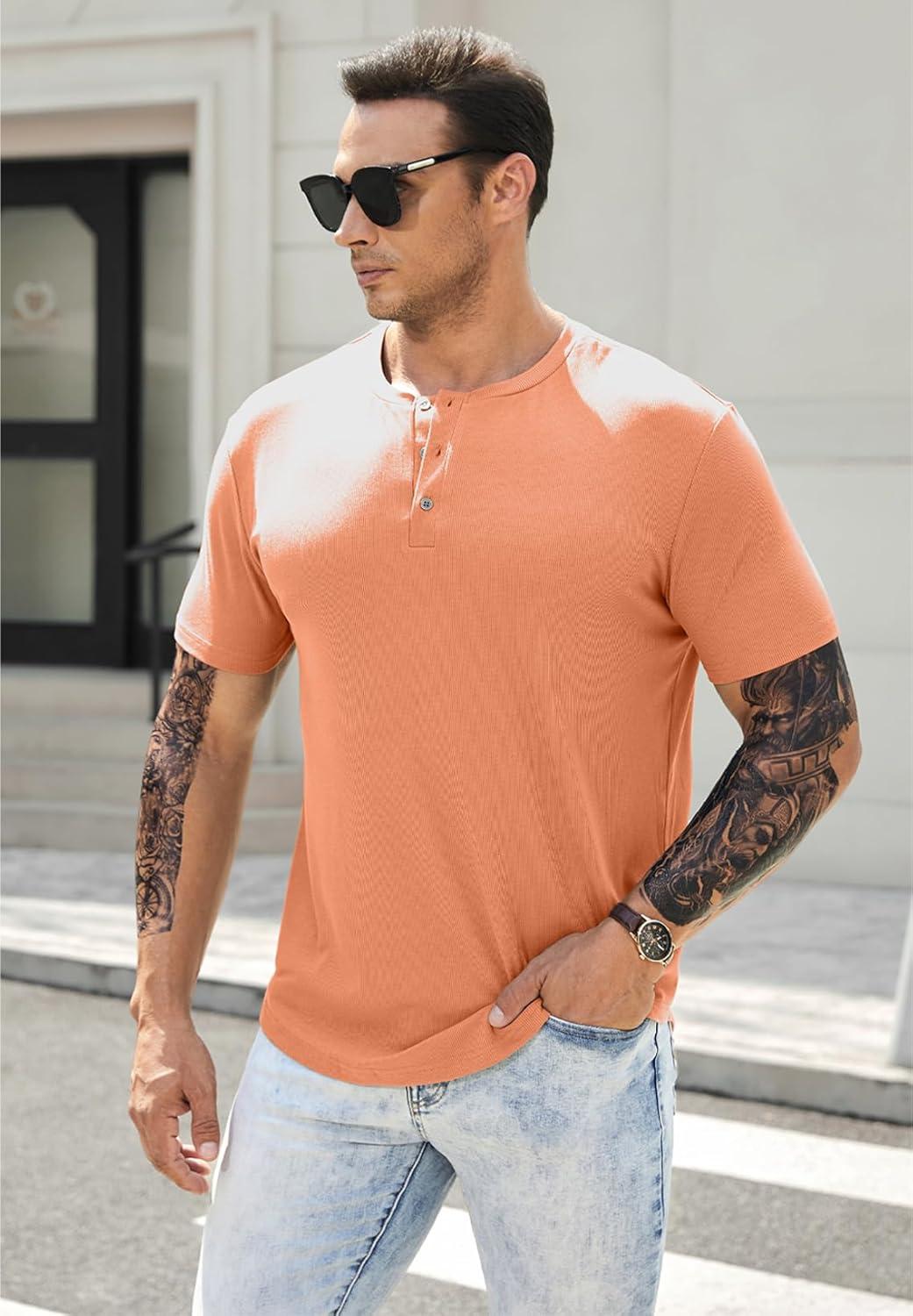 imageJMIERR Mens Muscle Slim Henley Shirts Crewneck Longline TShirt Gym Workout Athletic Shirt Tees with ButtonA Orange