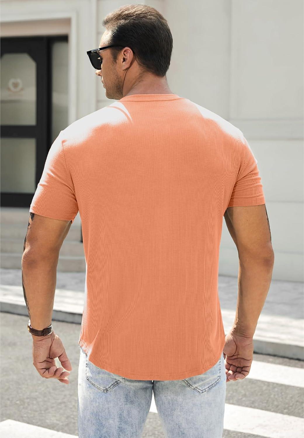imageJMIERR Mens Muscle Slim Henley Shirts Crewneck Longline TShirt Gym Workout Athletic Shirt Tees with ButtonA Orange