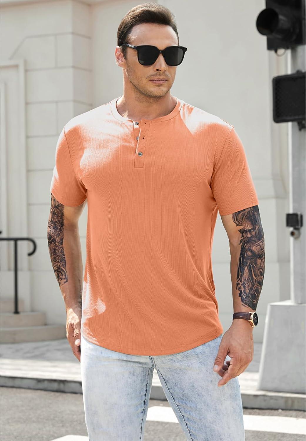 imageJMIERR Mens Muscle Slim Henley Shirts Crewneck Longline TShirt Gym Workout Athletic Shirt Tees with ButtonA Orange